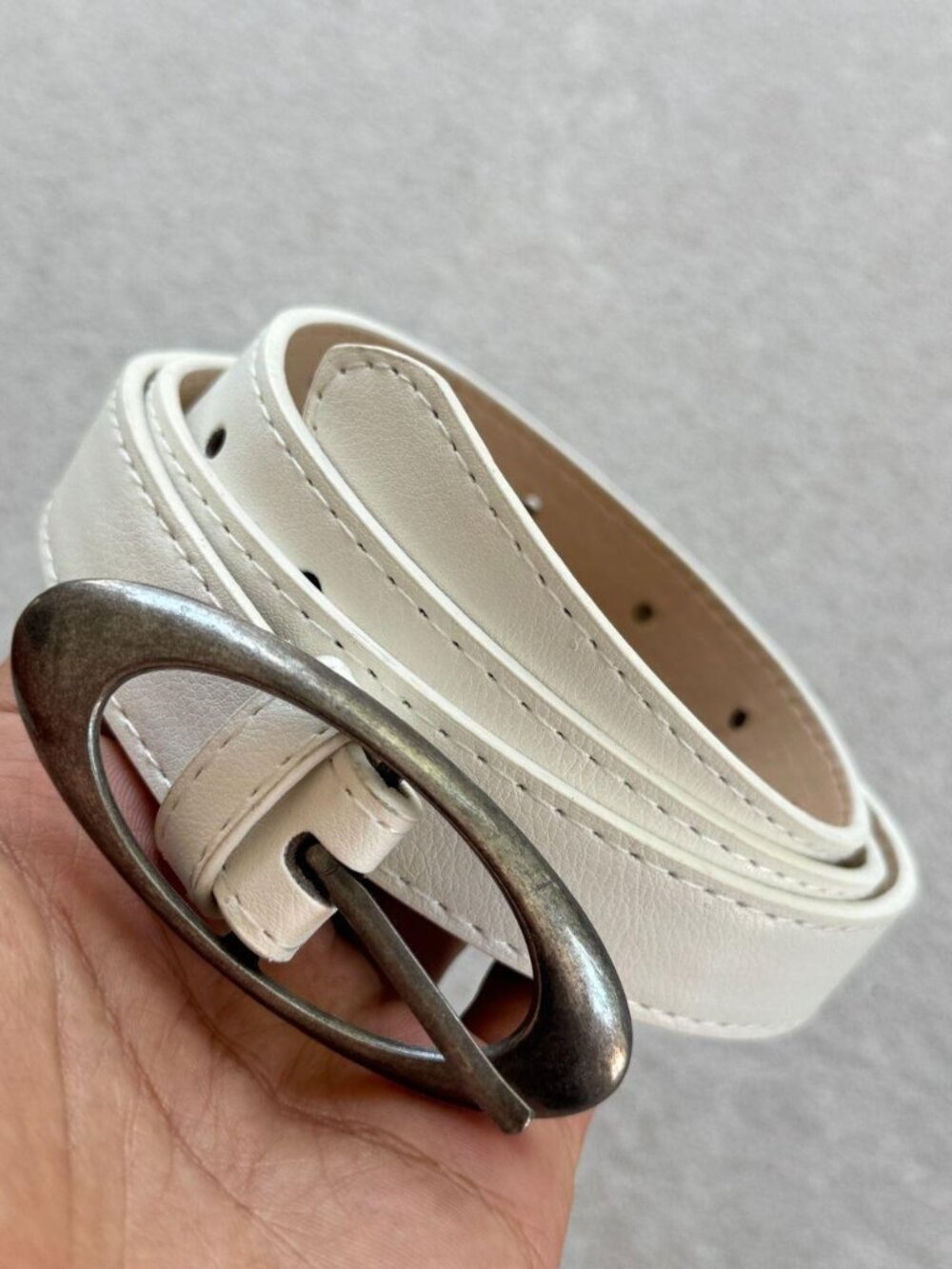 White Faux Leather Belt with Large Oval Silver-Tone Buckle
